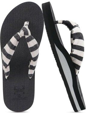 Women's Black White Fabric Arch Support Yoga Mat Beach Walking Flip Flops Sandal